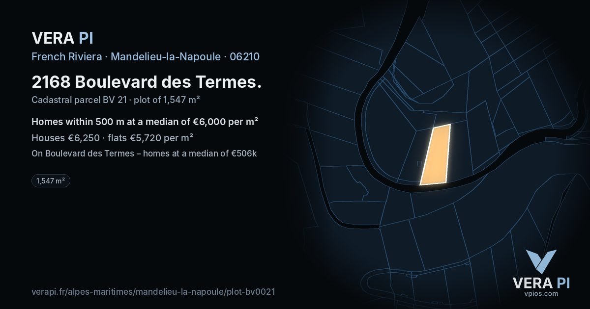 2168 Boulevard des Termes, Mandelieu-la-Napoule at night – the plot lit, the parcels around coloured by the prices near them