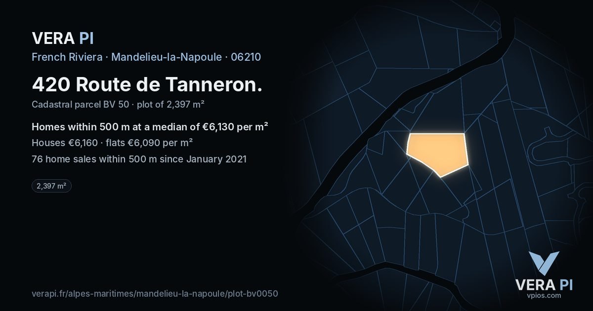 420 Route de Tanneron, Mandelieu-la-Napoule at night – the plot lit, the parcels around coloured by the prices near them
