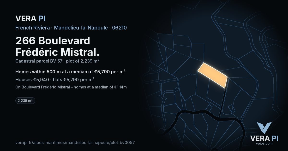 266 Boulevard Frédéric Mistral, Mandelieu-la-Napoule at night – the plot lit, the parcels around coloured by the prices near them