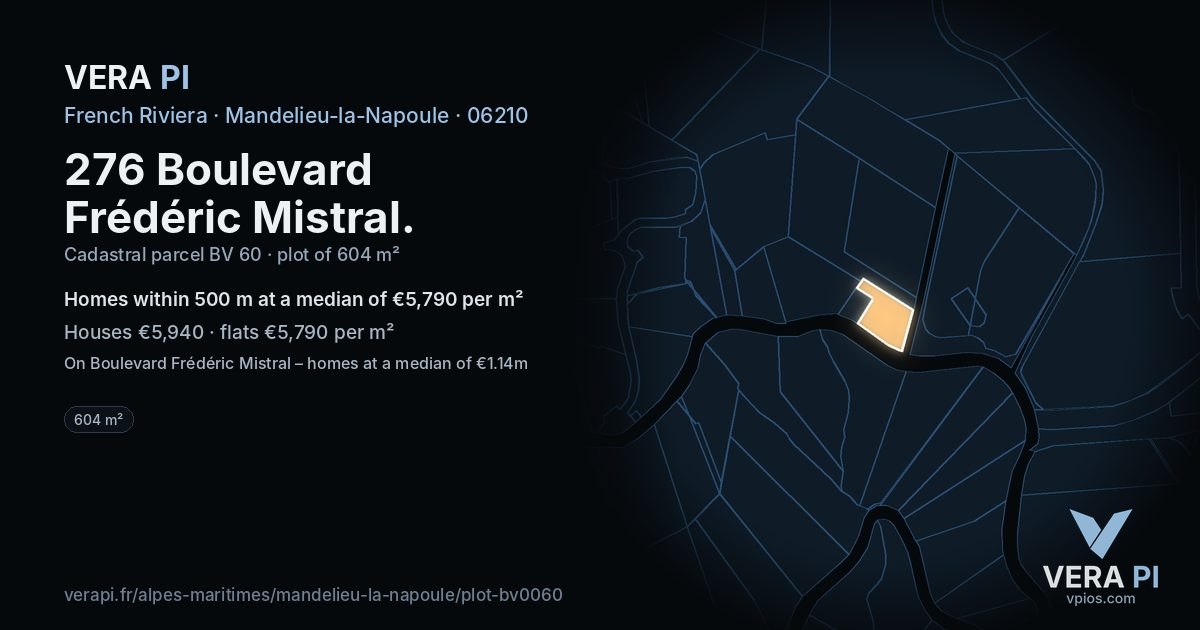 276 Boulevard Frédéric Mistral, Mandelieu-la-Napoule at night – the plot lit, the parcels around coloured by the prices near them