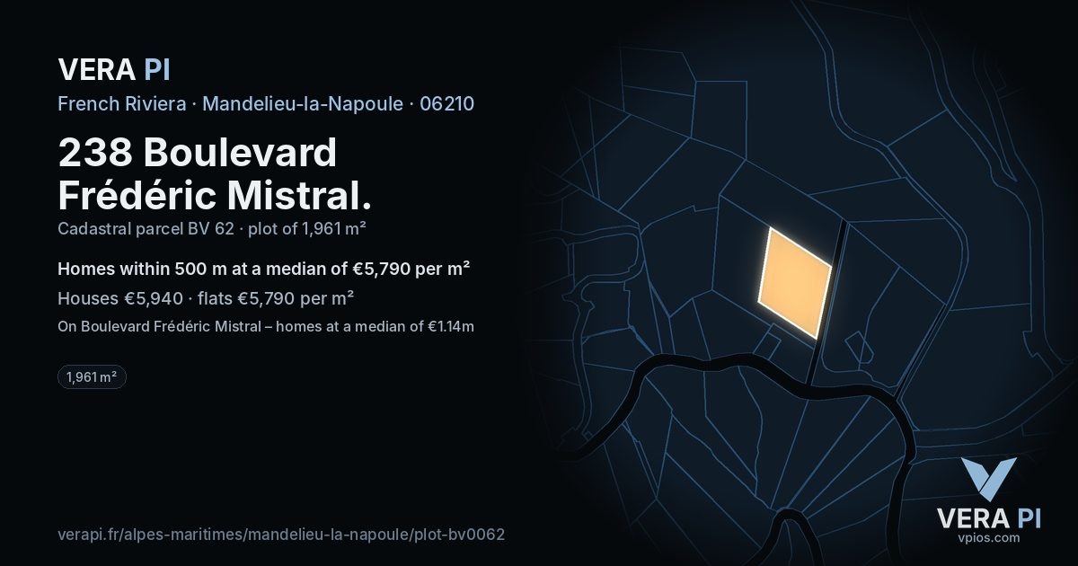 238 Boulevard Frédéric Mistral, Mandelieu-la-Napoule at night – the plot lit, the parcels around coloured by the prices near them