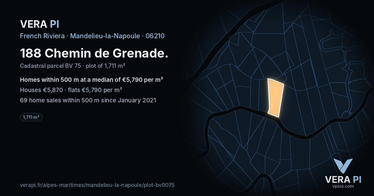 188 Chemin de Grenade, Mandelieu-la-Napoule at night – the plot lit, the parcels around coloured by the prices near them