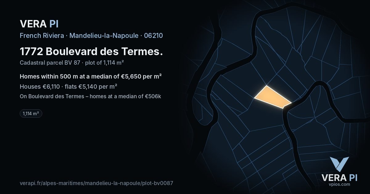 1772 Boulevard des Termes, Mandelieu-la-Napoule at night – the plot lit, the parcels around coloured by the prices near them
