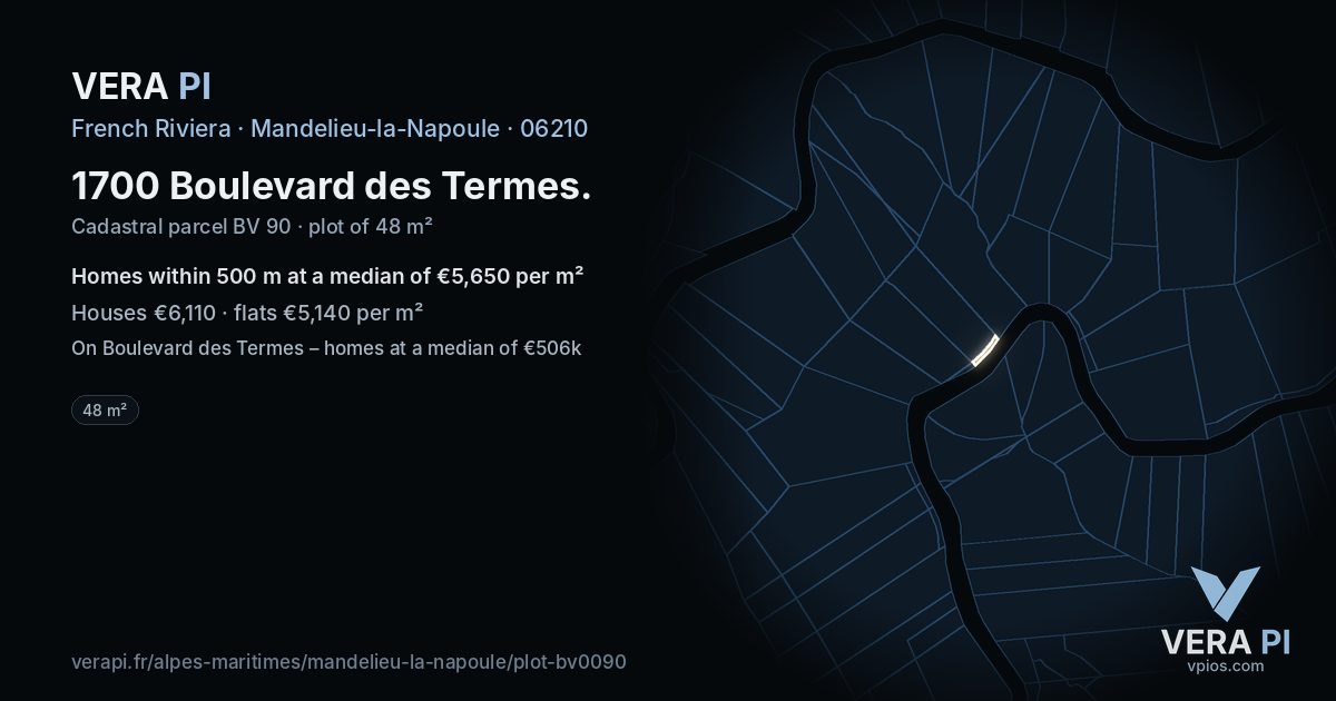 1700 Boulevard des Termes, Mandelieu-la-Napoule at night – the plot lit, the parcels around coloured by the prices near them