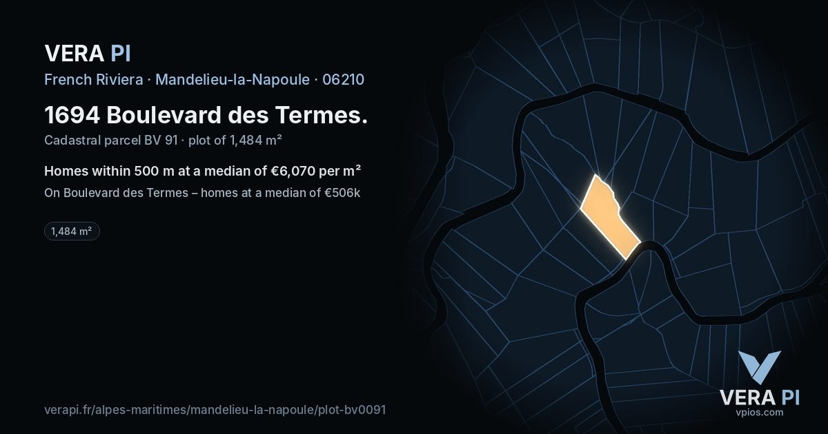 1694 Boulevard des Termes, Mandelieu-la-Napoule at night – the plot lit, the parcels around coloured by the prices near them