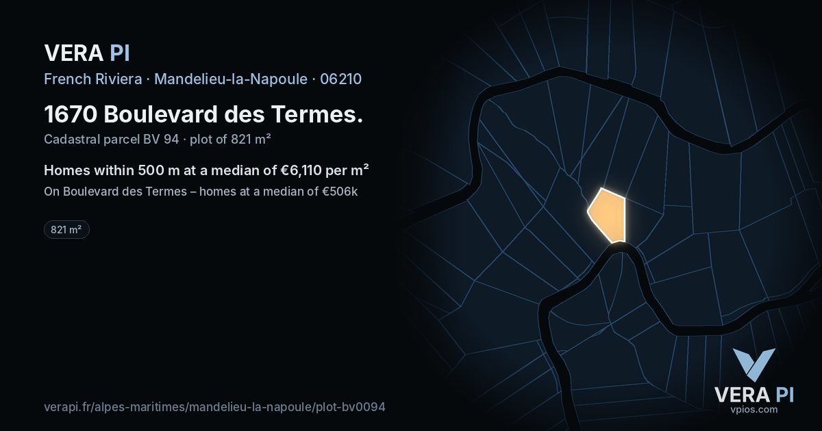1670 Boulevard des Termes, Mandelieu-la-Napoule at night – the plot lit, the parcels around coloured by the prices near them