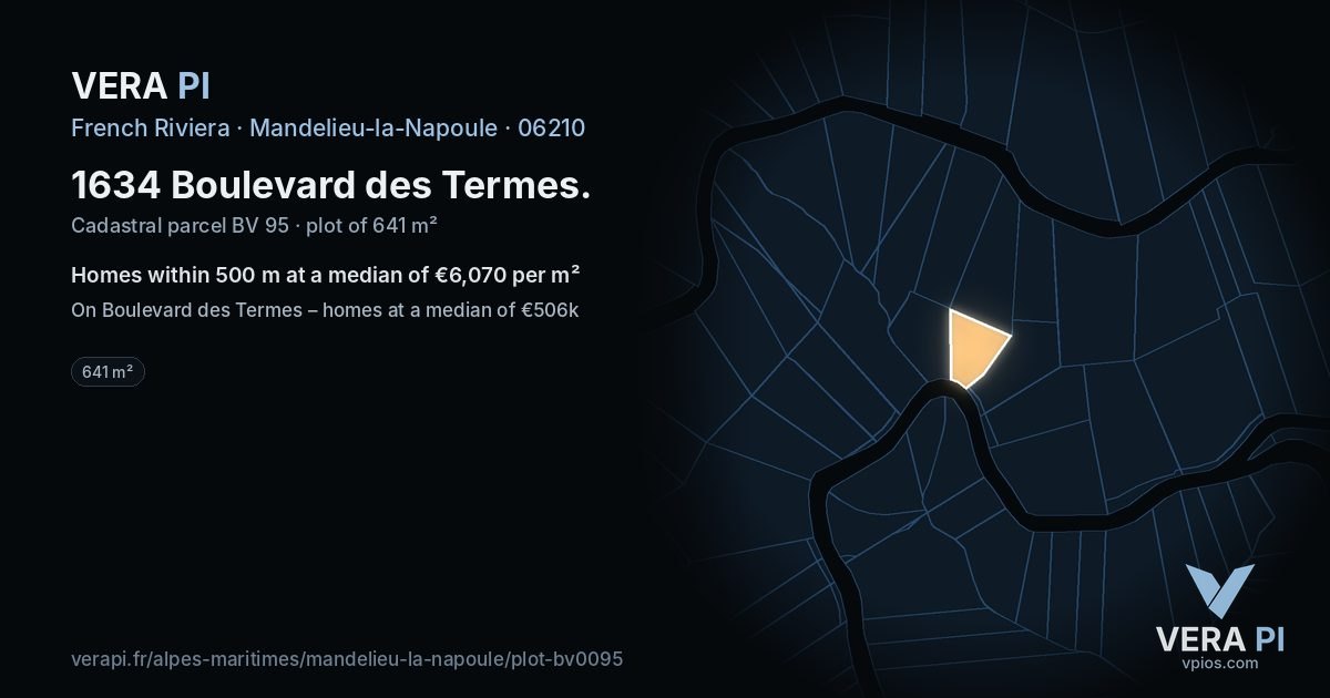 1634 Boulevard des Termes, Mandelieu-la-Napoule at night – the plot lit, the parcels around coloured by the prices near them
