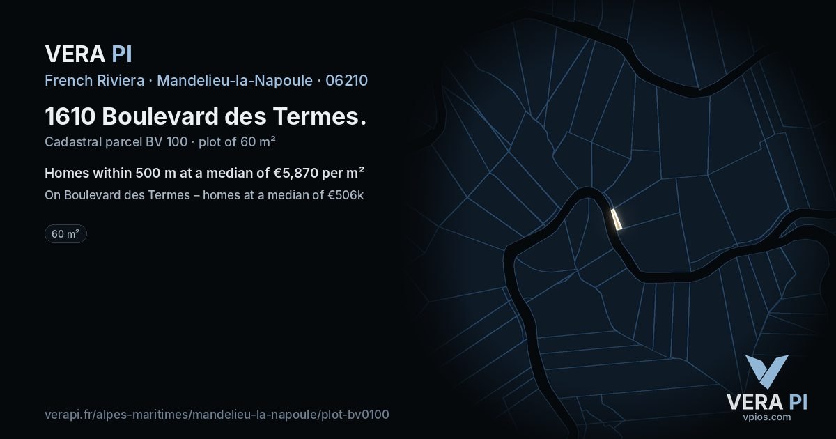 1610 Boulevard des Termes, Mandelieu-la-Napoule at night – the plot lit, the parcels around coloured by the prices near them