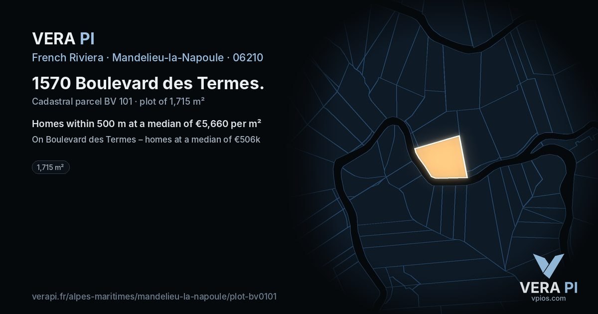 1570 Boulevard des Termes, Mandelieu-la-Napoule at night – the plot lit, the parcels around coloured by the prices near them