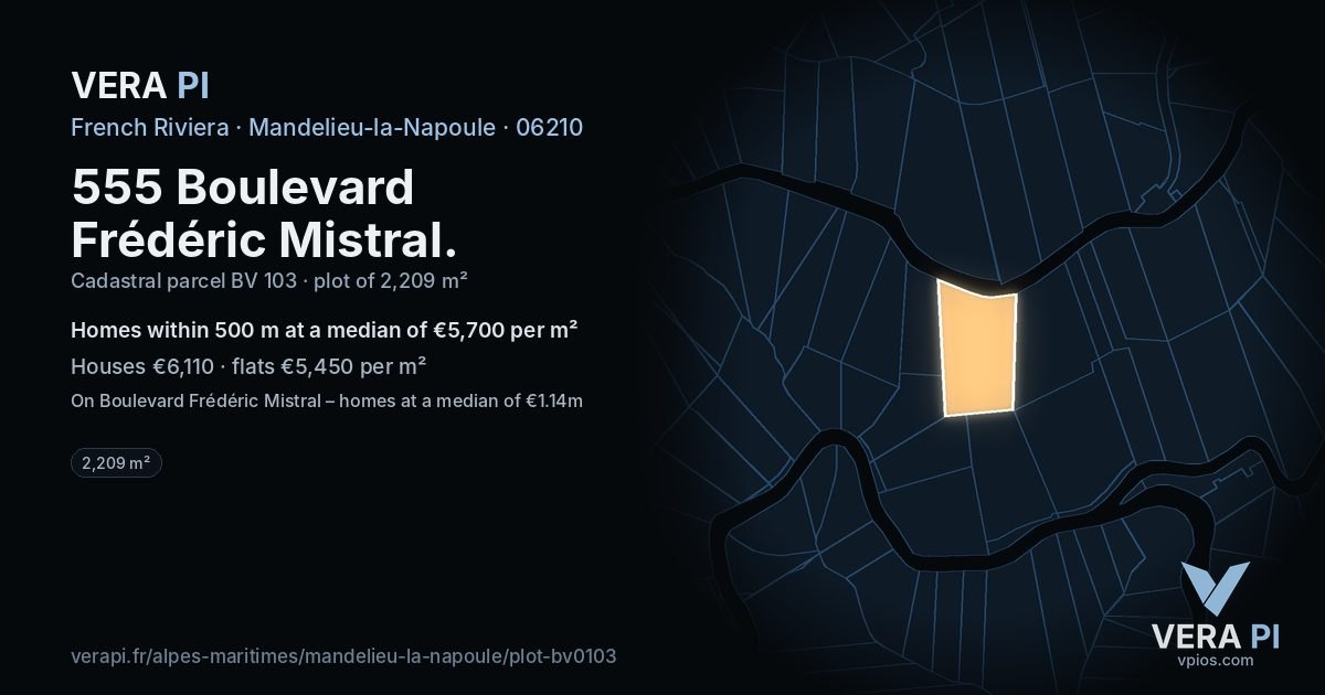 555 Boulevard Frédéric Mistral, Mandelieu-la-Napoule at night – the plot lit, the parcels around coloured by the prices near them