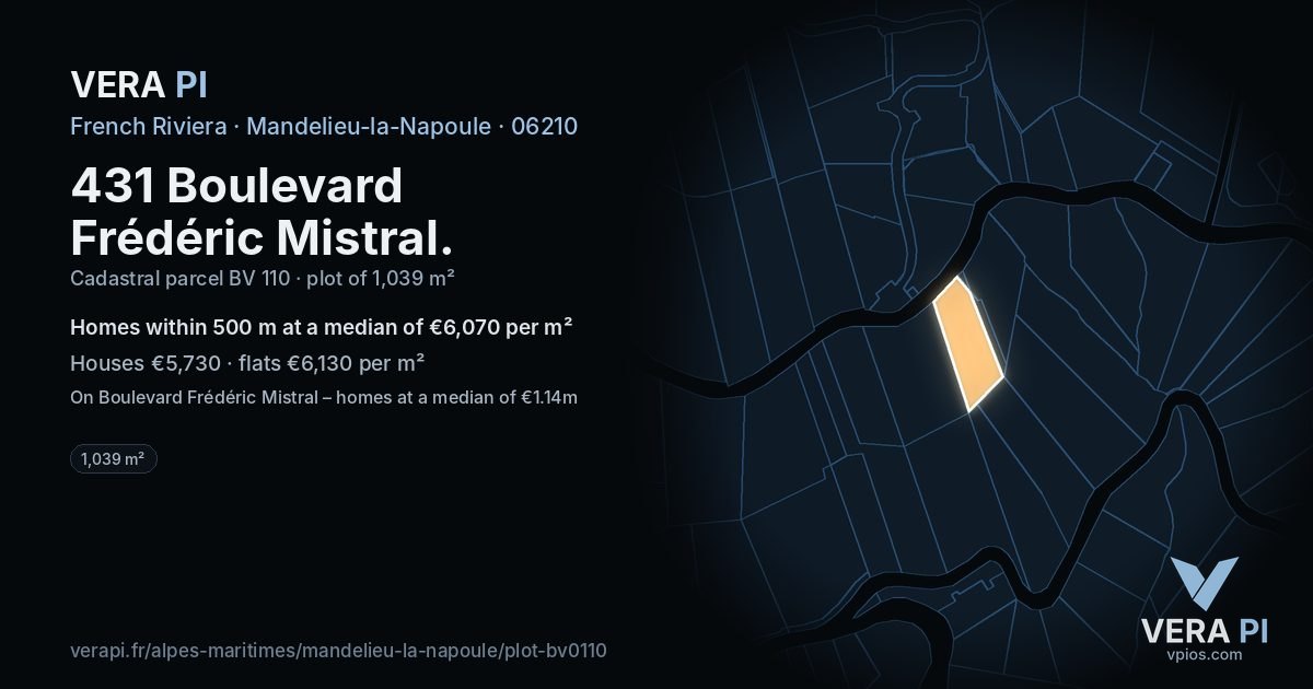 431 Boulevard Frédéric Mistral, Mandelieu-la-Napoule at night – the plot lit, the parcels around coloured by the prices near them