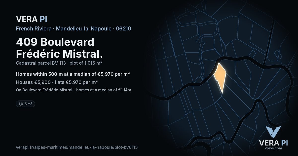 409 Boulevard Frédéric Mistral, Mandelieu-la-Napoule at night – the plot lit, the parcels around coloured by the prices near them