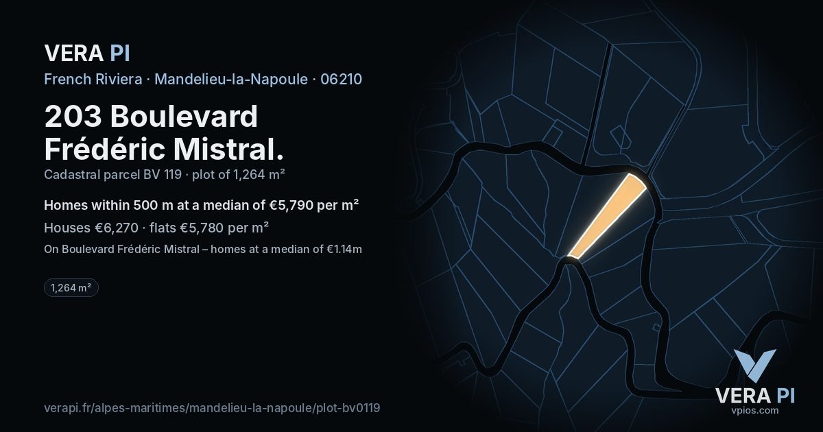 203 Boulevard Frédéric Mistral, Mandelieu-la-Napoule at night – the plot lit, the parcels around coloured by the prices near them
