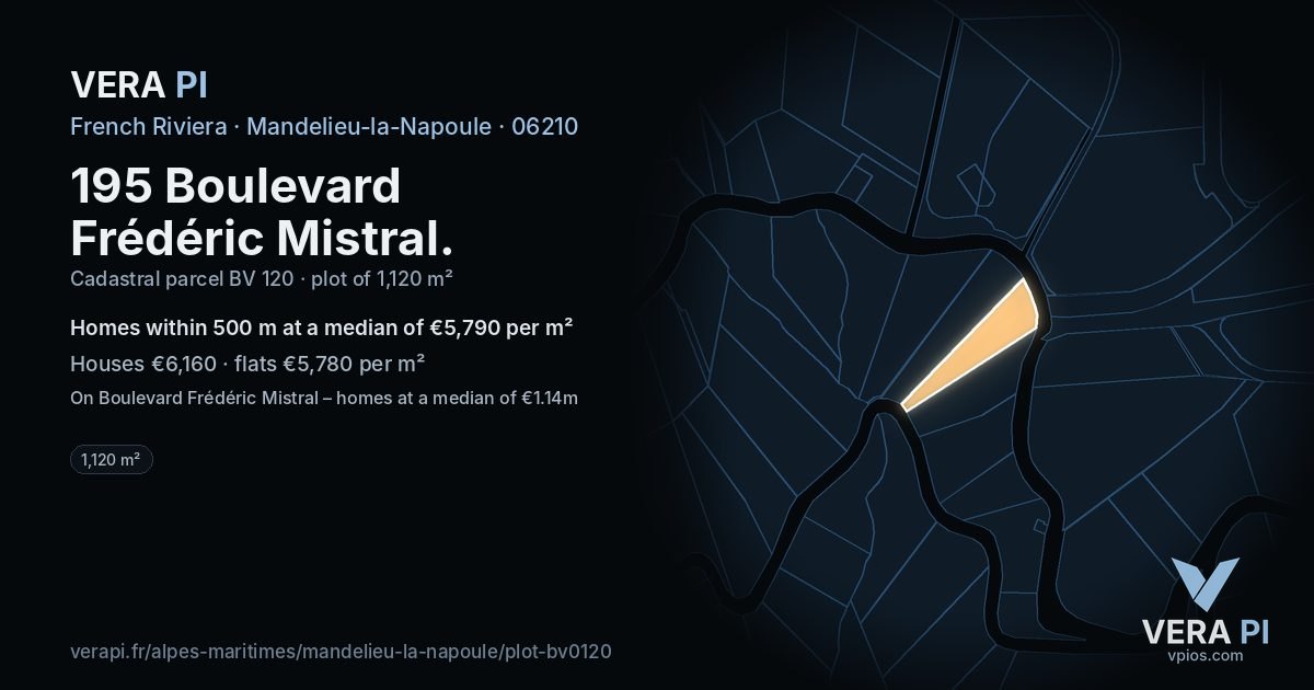 195 Boulevard Frédéric Mistral, Mandelieu-la-Napoule at night – the plot lit, the parcels around coloured by the prices near them