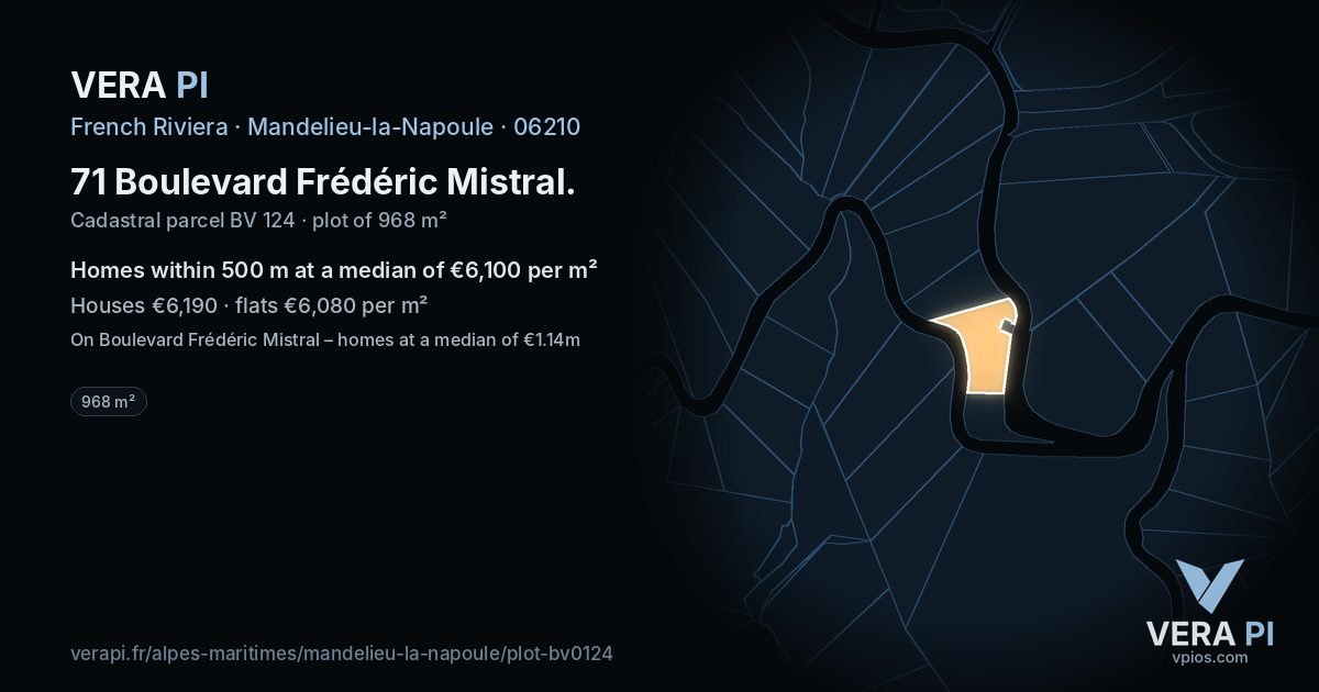 71 Boulevard Frédéric Mistral, Mandelieu-la-Napoule at night – the plot lit, the parcels around coloured by the prices near them