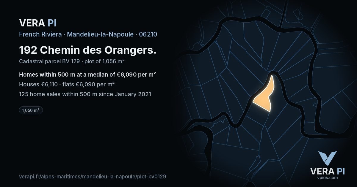 192 Chemin des Orangers, Mandelieu-la-Napoule at night – the plot lit, the parcels around coloured by the prices near them