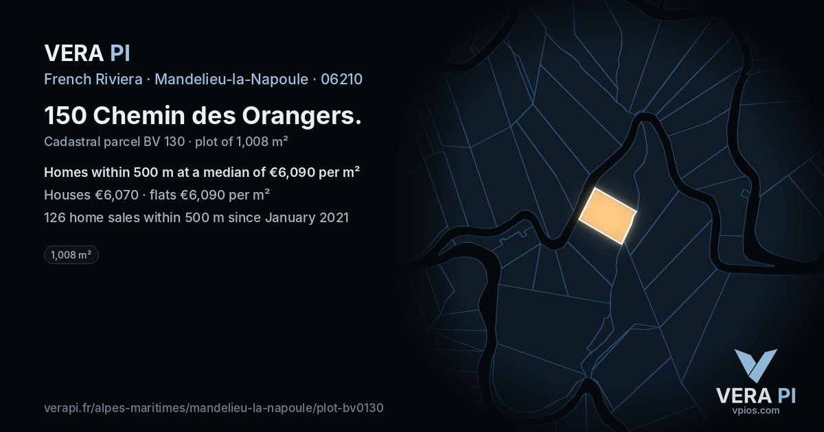 150 Chemin des Orangers, Mandelieu-la-Napoule at night – the plot lit, the parcels around coloured by the prices near them