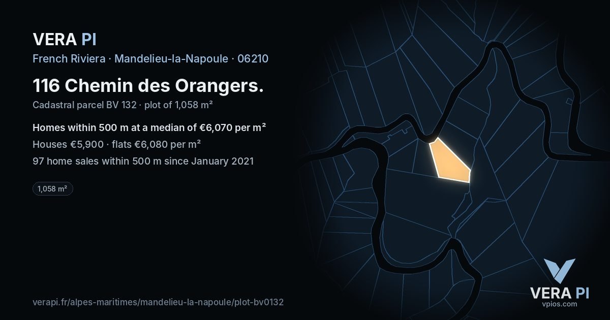 116 Chemin des Orangers, Mandelieu-la-Napoule at night – the plot lit, the parcels around coloured by the prices near them