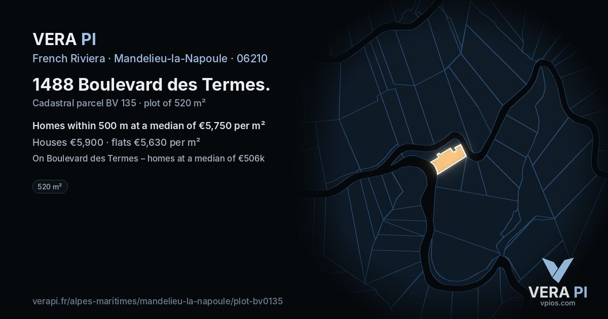 1488 Boulevard des Termes, Mandelieu-la-Napoule at night – the plot lit, the parcels around coloured by the prices near them