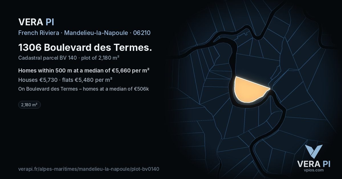 1306 Boulevard des Termes, Mandelieu-la-Napoule at night – the plot lit, the parcels around coloured by the prices near them