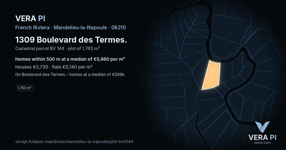 1309 Boulevard des Termes, Mandelieu-la-Napoule at night – the plot lit, the parcels around coloured by the prices near them