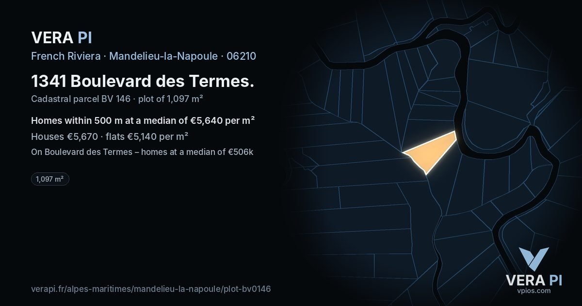 1341 Boulevard des Termes, Mandelieu-la-Napoule at night – the plot lit, the parcels around coloured by the prices near them