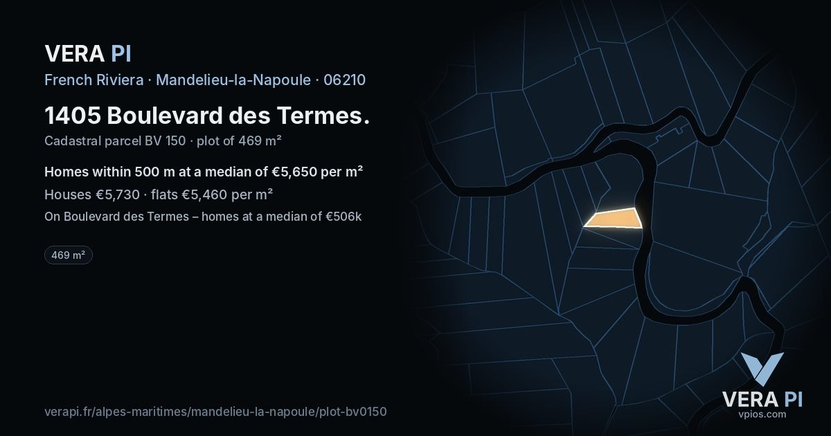 1405 Boulevard des Termes, Mandelieu-la-Napoule at night – the plot lit, the parcels around coloured by the prices near them