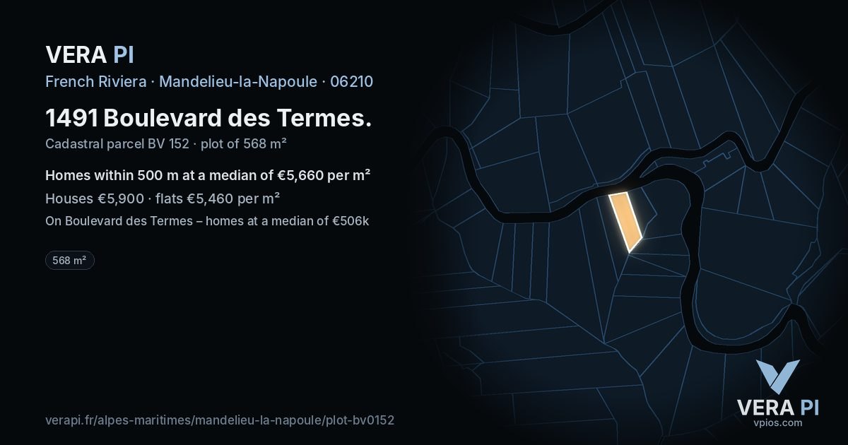 1491 Boulevard des Termes, Mandelieu-la-Napoule at night – the plot lit, the parcels around coloured by the prices near them