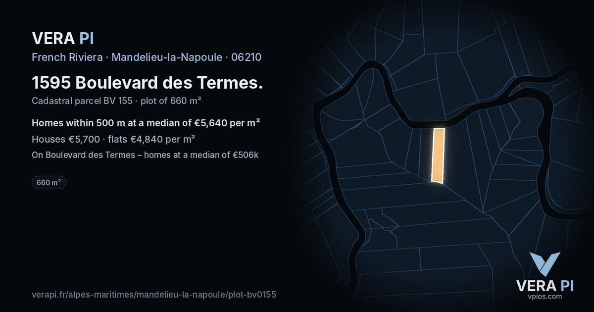 1595 Boulevard des Termes, Mandelieu-la-Napoule at night – the plot lit, the parcels around coloured by the prices near them
