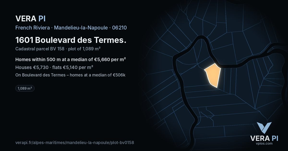 1601 Boulevard des Termes, Mandelieu-la-Napoule at night – the plot lit, the parcels around coloured by the prices near them