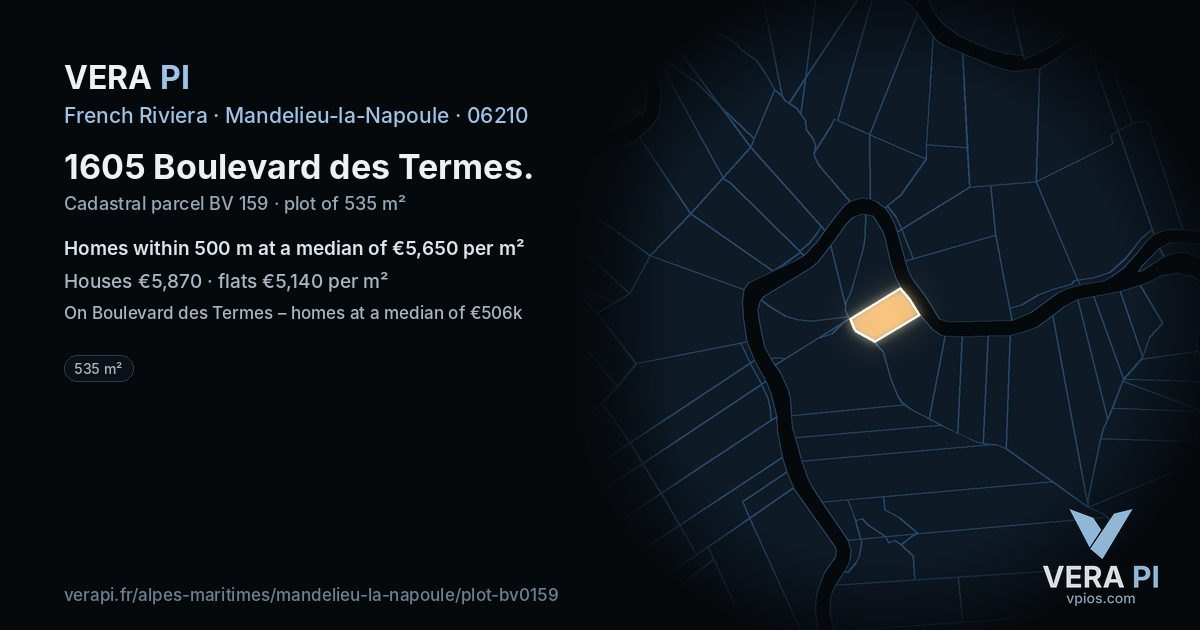 1605 Boulevard des Termes, Mandelieu-la-Napoule at night – the plot lit, the parcels around coloured by the prices near them