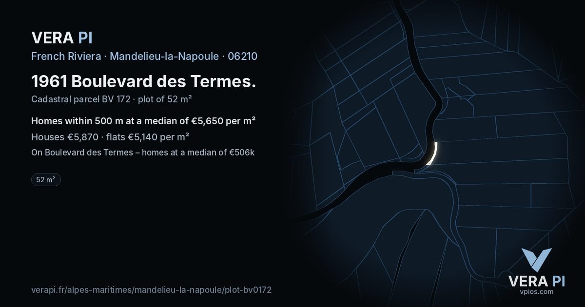 1961 Boulevard des Termes, Mandelieu-la-Napoule at night – the plot lit, the parcels around coloured by the prices near them