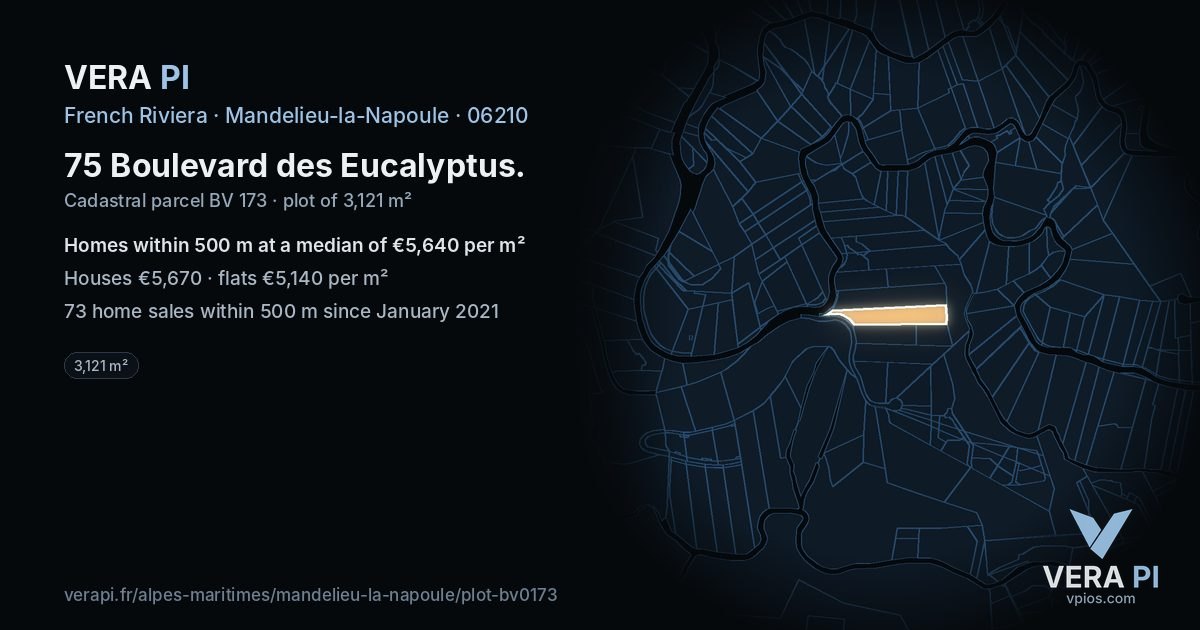 75 Boulevard des Eucalyptus, Mandelieu-la-Napoule at night – the plot lit, the parcels around coloured by the prices near them