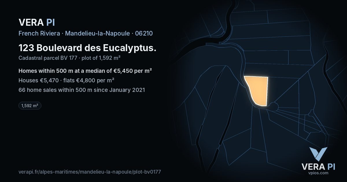 123 Boulevard des Eucalyptus, Mandelieu-la-Napoule at night – the plot lit, the parcels around coloured by the prices near them