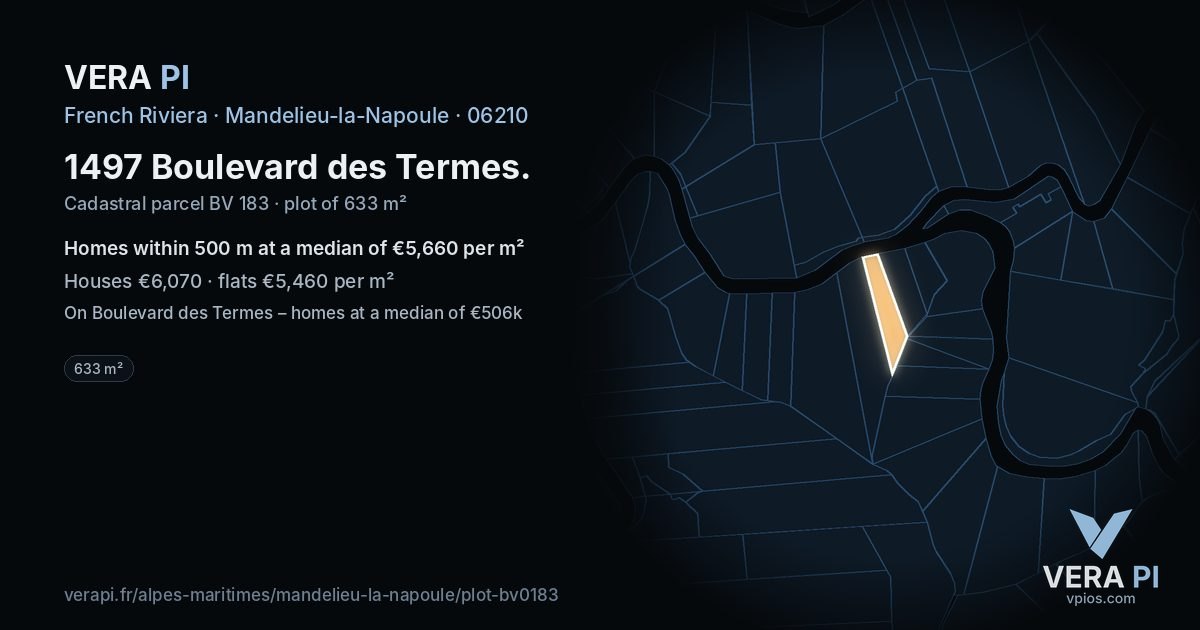 1497 Boulevard des Termes, Mandelieu-la-Napoule at night – the plot lit, the parcels around coloured by the prices near them