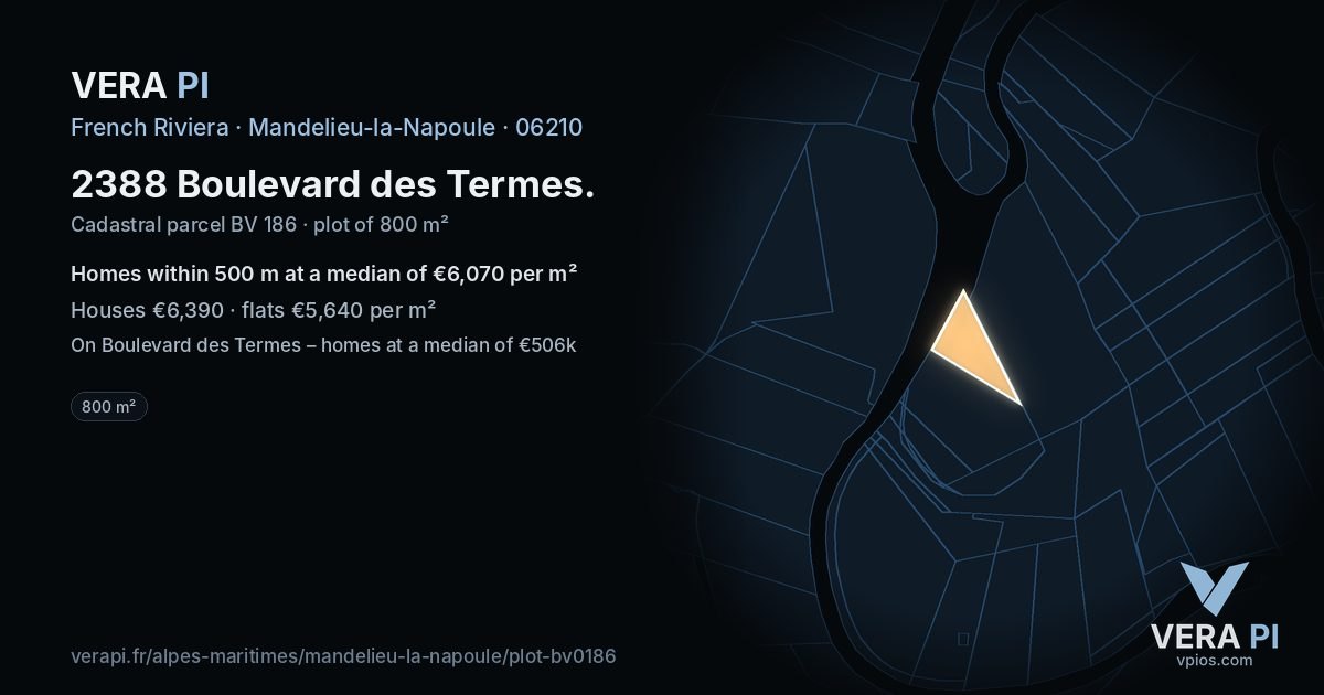 2388 Boulevard des Termes, Mandelieu-la-Napoule at night – the plot lit, the parcels around coloured by the prices near them