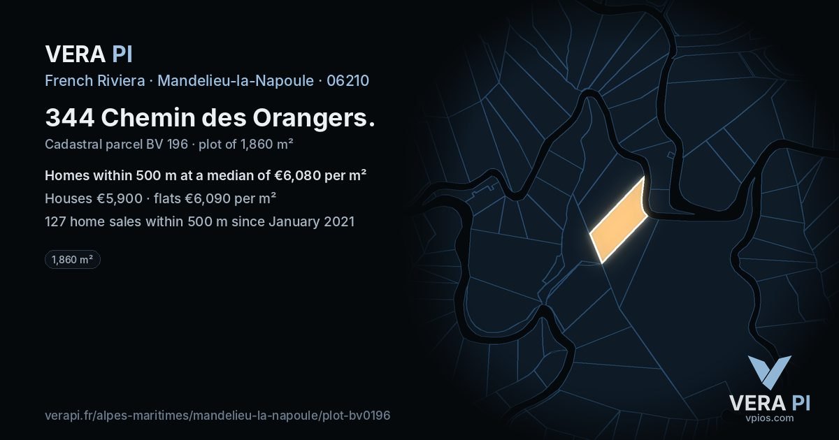344 Chemin des Orangers, Mandelieu-la-Napoule at night – the plot lit, the parcels around coloured by the prices near them