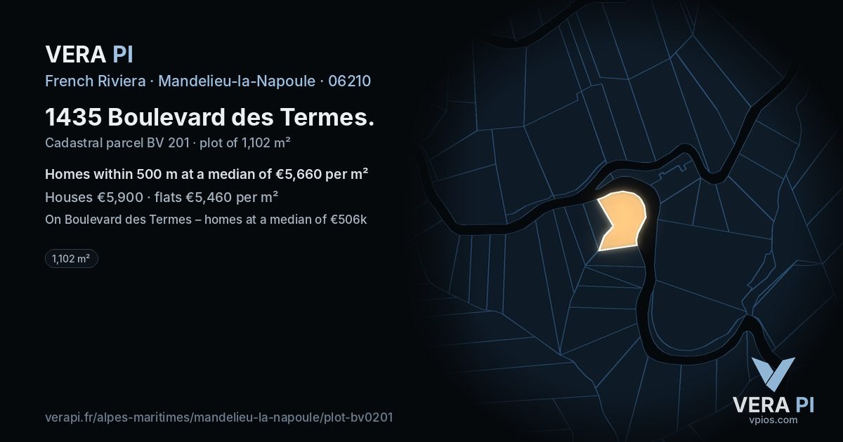 1435 Boulevard des Termes, Mandelieu-la-Napoule at night – the plot lit, the parcels around coloured by the prices near them