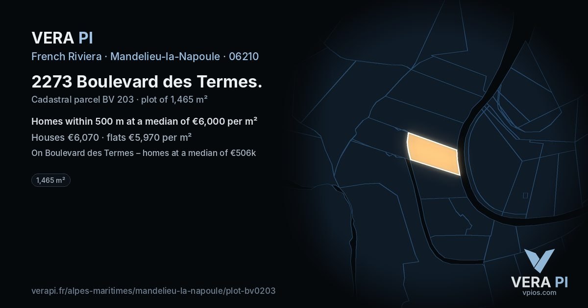 2273 Boulevard des Termes, Mandelieu-la-Napoule at night – the plot lit, the parcels around coloured by the prices near them