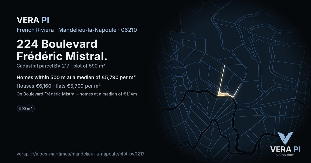 224 Boulevard Frédéric Mistral, Mandelieu-la-Napoule at night – the plot lit, the parcels around coloured by the prices near them