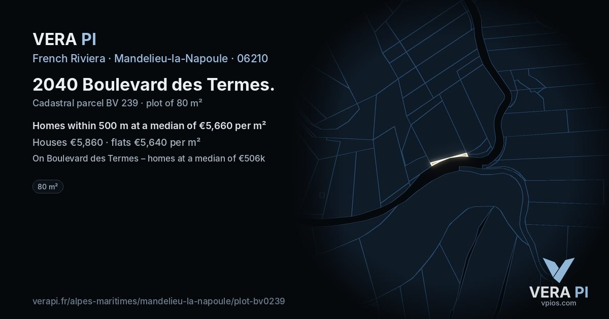 2040 Boulevard des Termes, Mandelieu-la-Napoule at night – the plot lit, the parcels around coloured by the prices near them