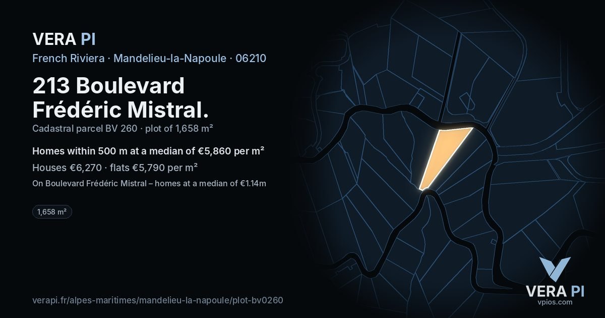 213 Boulevard Frédéric Mistral, Mandelieu-la-Napoule at night – the plot lit, the parcels around coloured by the prices near them