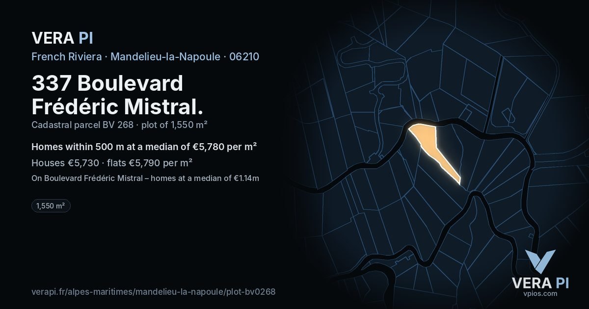 337 Boulevard Frédéric Mistral, Mandelieu-la-Napoule at night – the plot lit, the parcels around coloured by the prices near them