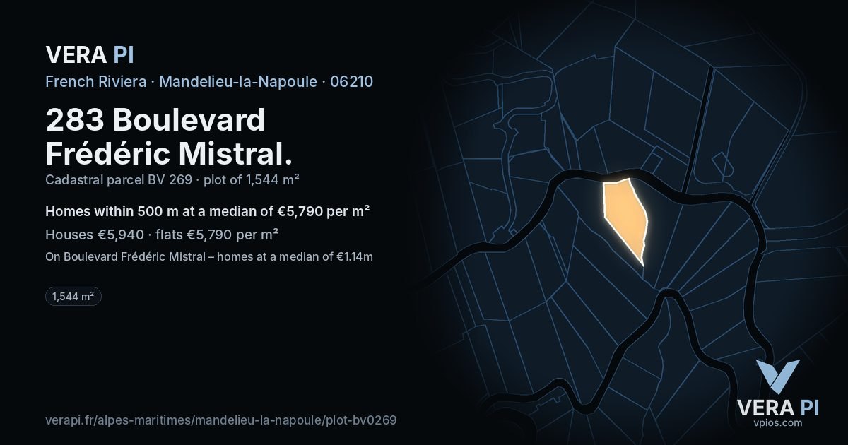283 Boulevard Frédéric Mistral, Mandelieu-la-Napoule at night – the plot lit, the parcels around coloured by the prices near them
