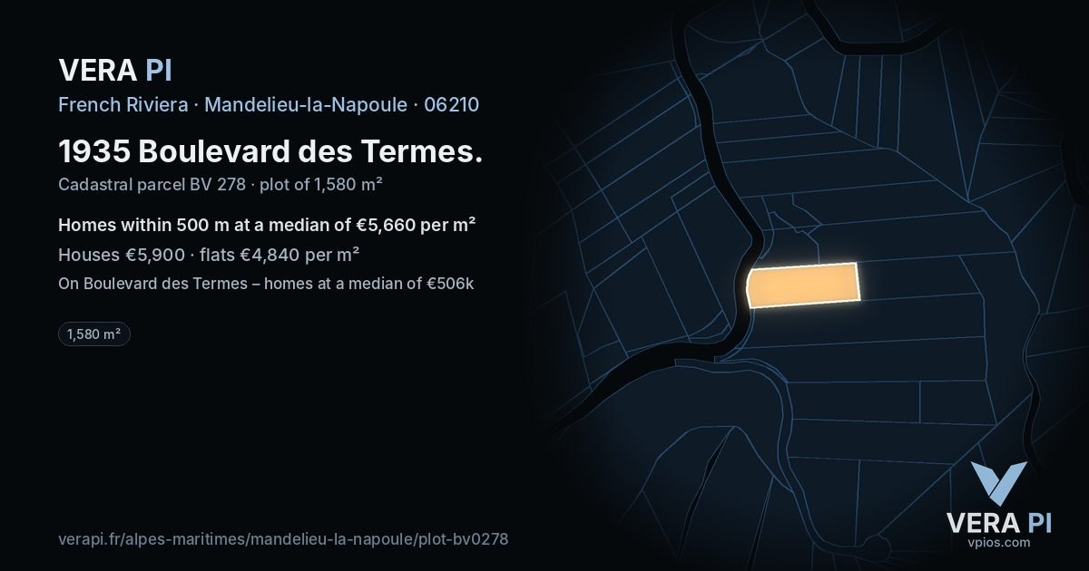 1935 Boulevard des Termes, Mandelieu-la-Napoule at night – the plot lit, the parcels around coloured by the prices near them