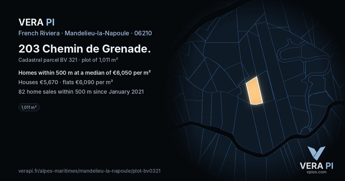 203 Chemin de Grenade, Mandelieu-la-Napoule at night – the plot lit, the parcels around coloured by the prices near them