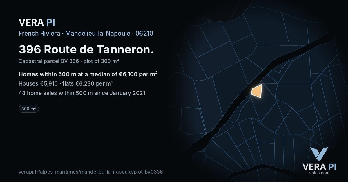 396 Route de Tanneron, Mandelieu-la-Napoule at night – the plot lit, the parcels around coloured by the prices near them