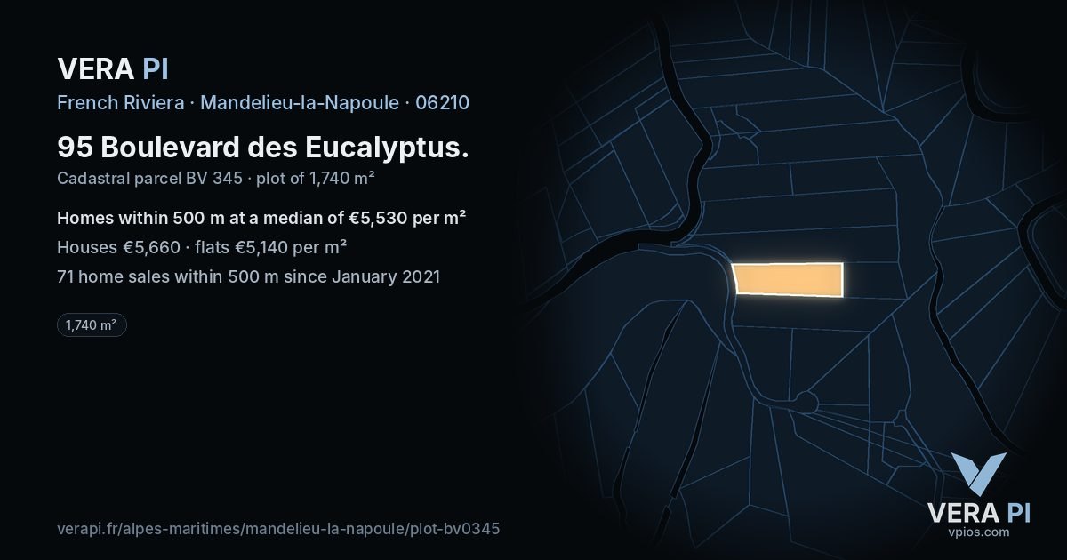 95 Boulevard des Eucalyptus, Mandelieu-la-Napoule at night – the plot lit, the parcels around coloured by the prices near them