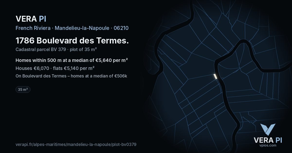 1786 Boulevard des Termes, Mandelieu-la-Napoule at night – the plot lit, the parcels around coloured by the prices near them
