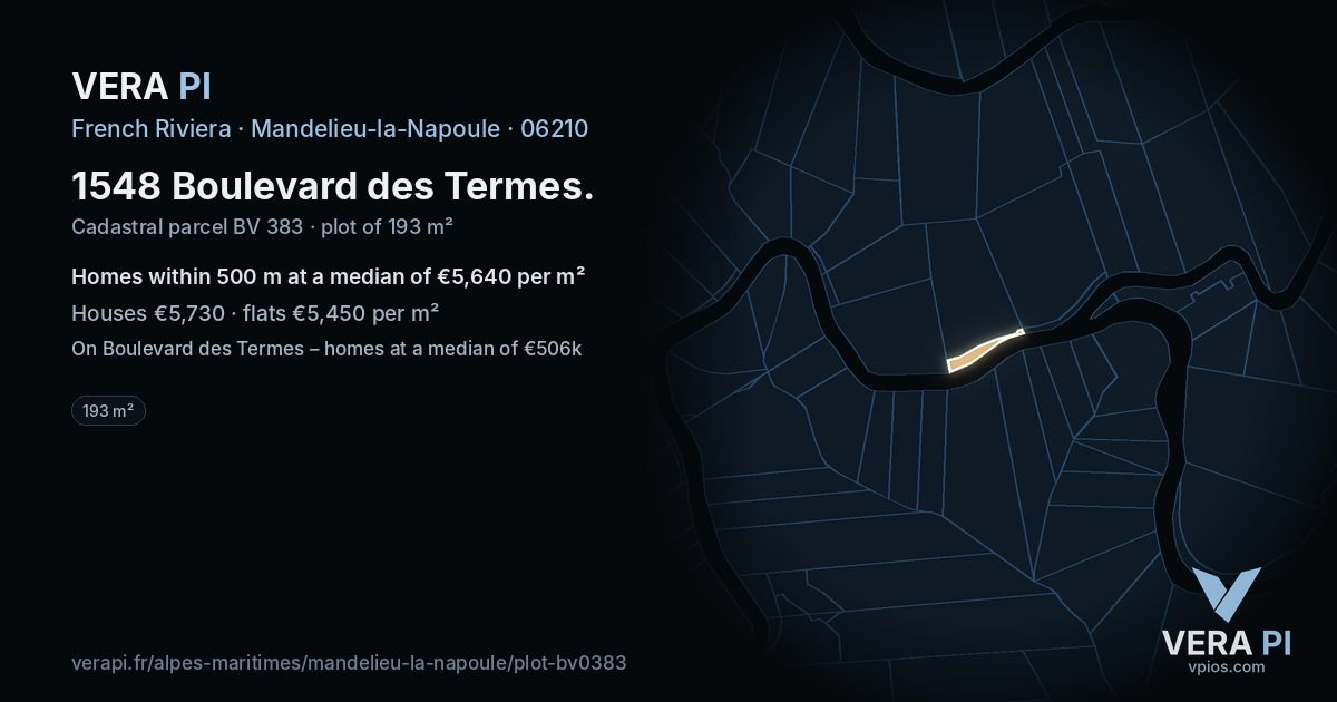 1548 Boulevard des Termes, Mandelieu-la-Napoule at night – the plot lit, the parcels around coloured by the prices near them
